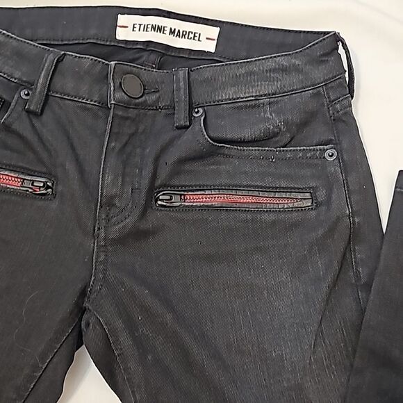 Etienne Marcel jeans black size 26 red zipper detail EUC - Picture 2 of 10